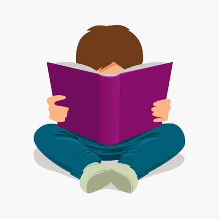 boy holding a book, reading, cartoon style, character, vector illustrationのイラスト素材