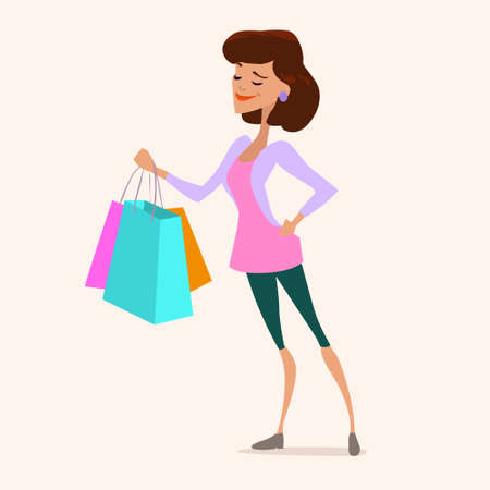 cute young fashionable woman shopping, bag, sale, cartoon character, vector illustrationのイラスト素材