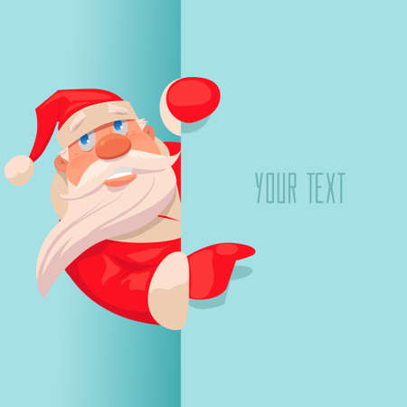 Santa Claus pointing in blue blank sign with smile, isolated, vector illustration, postcardのイラスト素材