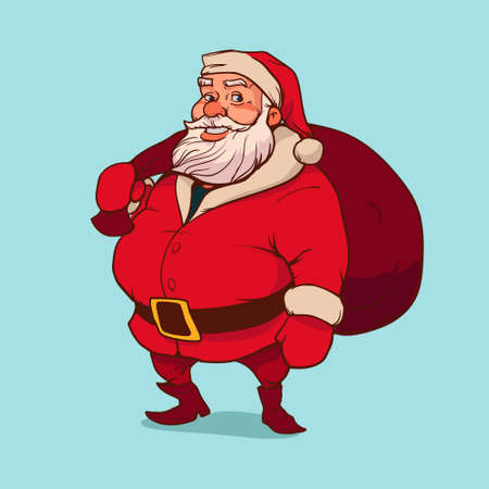 Santa Claus carrying sack full of gifts, happy, cartoon character, vector illustrationのイラスト素材