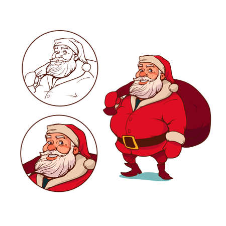 Santa Claus carrying sack full of gifts, happy, cartoon character, vector illustrationのイラスト素材