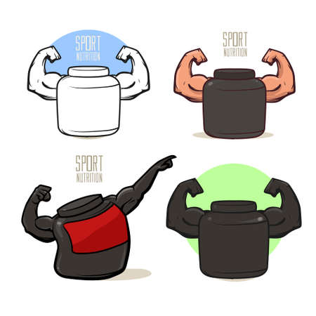 sport nutrition icon, love fitness, health, idea for logo, sport nutrition shop concept, gym, power, strong hands, vector illustrationのイラスト素材