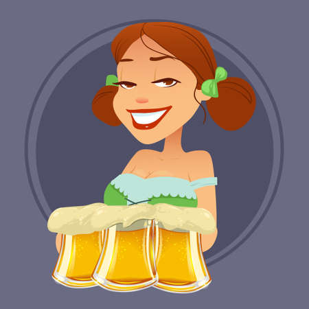 cute cartoon Oktoberfest girl, waitress, beer, woman, vector illustrationのイラスト素材