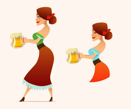 cute cartoon Oktoberfest girl, waitress, beer, woman, vector illustrationのイラスト素材