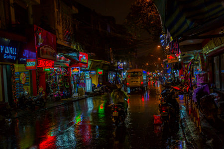 Night in Hanoi in the rain. Hanoi, Vietnamのeditorial素材