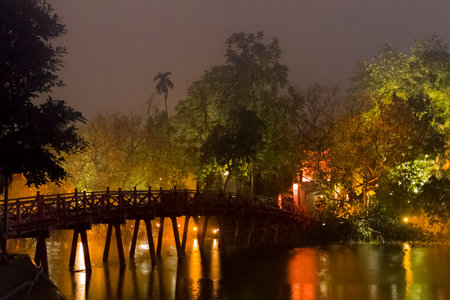 Night bridge in the rain in Hanoi, Vietnamのeditorial素材