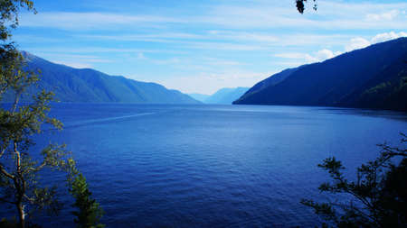 great blue lake in the altay mountainsの写真素材