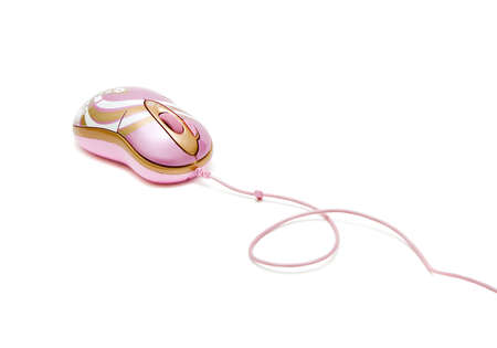 pink computer mouse with cable on white backgroundの写真素材