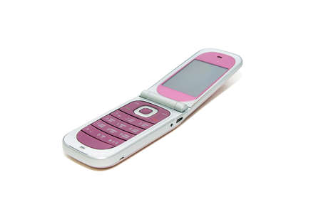 open mobile phone pink on a white backgroundの写真素材