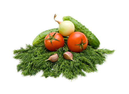 fresh vegetables, garlic and dill on a white backgroundの写真素材