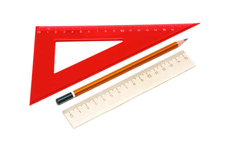 pencil and ruler on a white background closeupの写真素材