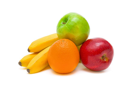 Ripe and juicy apples, oranges and bananas on white background close-upの写真素材