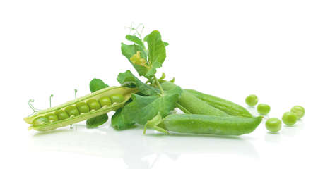 Ripe pea vegetable with green leaf isolated on white background with reflectionの写真素材