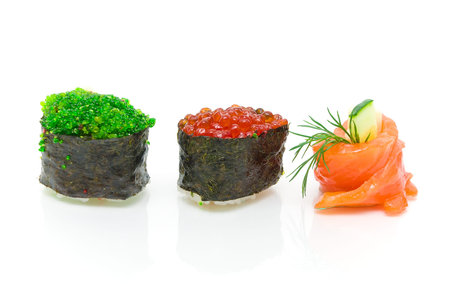 sushi with caviar and cucumber roll with close-up on a white background. horizontal photo.の写真素材