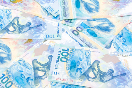 banknotes hundred rubles of the Russian Federation issued for the Olympics in Sochi in 2014. Closeup...