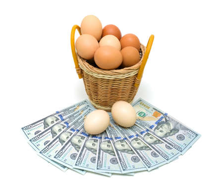 Eggs in a basket and money isolated on white background close-up. horizontal photo.の写真素材