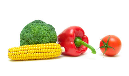 corn on the cob, broccoli, cherry tomatoes and sweet peppers isolated on white background. horizontal photo.の写真素材