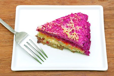 Russian cuisine: Salad herring under fur coat. horizontal photo.の写真素材