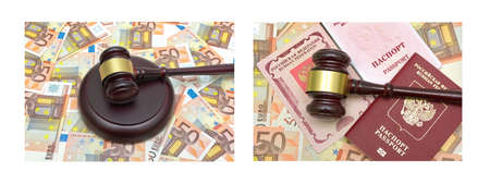 gavel and passport on background euro. horizontal photo.の写真素材