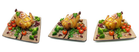 Grilled chicken with vegetables isolated on white background. horizontal photo.の写真素材