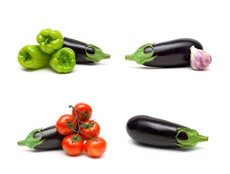 Eggplant and vegetables on a white background. horizontal photo.の写真素材