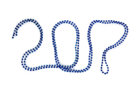 Inscription 2017 lined blue beads on a white background