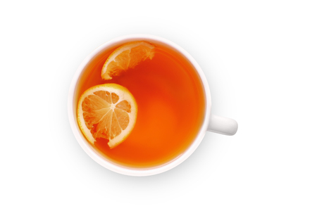 Tea with lemon in a white mug on a white background isolationの写真素材