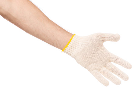 Hand of a man in a working glove on a white background isolation