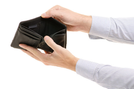 Male hand with a purse on white background isolation