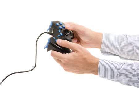 Male hands with gamepad on white background isolation