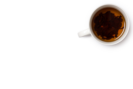 Cup of tea top view on white background isolationの写真素材