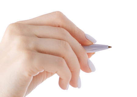 Pen in hand on white background isolationの写真素材