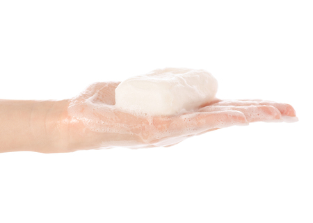 Soap in a soapy hand care natural on a white background isolationの写真素材