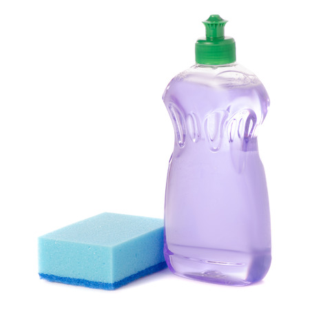 Detergent for utensils lilac lavender and blue sponge on a white background isolationの写真素材