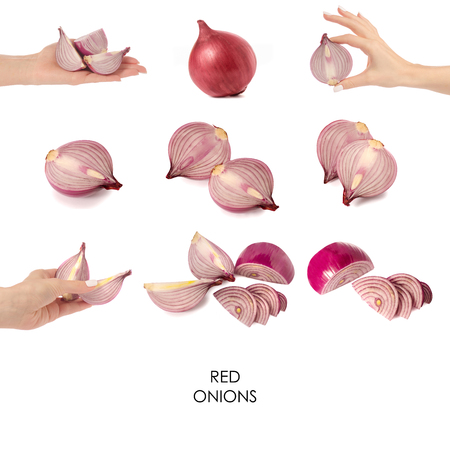 Red onions set pattern in hand on white background isolationの写真素材