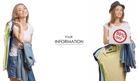 Young beautiful woman collection in the hands of things t-shirt jeans selling discount fashion stores pattern set on a white background isolationの写真素材