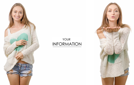 Beautiful young woman in jeans shorts air kiss cheerful set pattern on white background isolationの写真素材