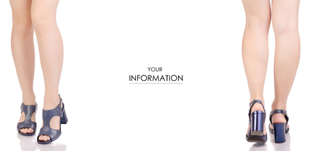 Female legs in blue leather shoes sandals beauty fashion buy shop set pattern on white background isolationの写真素材