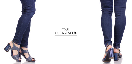 Female legs in jeans and in blue sandals shoes fashion beauty shop buy set pattern on white background isolationの写真素材