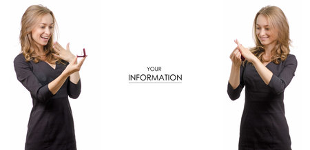 Young woman in dress with a ring in the hands of a box gift proposing smile hapiness shop buy set pattern on a white background isolationの写真素材