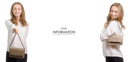 Young woman in a white blouse with a gray handbag in hands buy sale shop set pattern on a white background isolationの写真素材