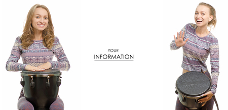 Beautiful young woman with a drum djembe set pattern on a white background isolatedの写真素材