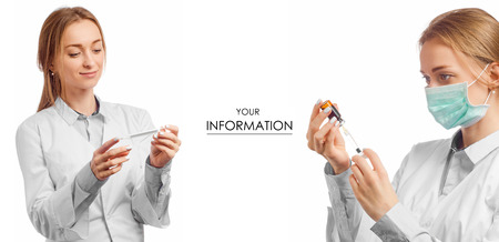 Woman doctor in medical gown thermometer for body syringe health medicine set pattern on white background isolationの写真素材