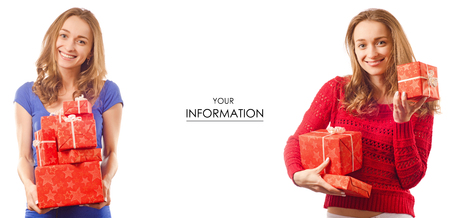 Beautiful young woman in the hands of gift boxes celebration set pattern on white background isolationの写真素材