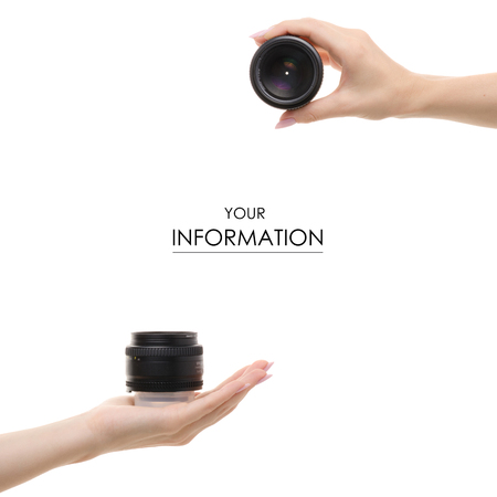 Lens objective in hand set pattern on white background isolationの写真素材