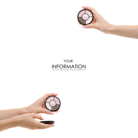Eyeshadow in hand beauty makeup cosmetic set pattern on white background isolationの写真素材