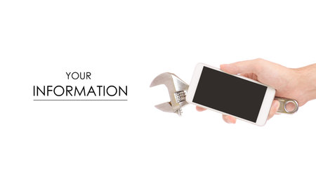 Mobile phone in hand and tool repair pattern on white background isolatedの写真素材