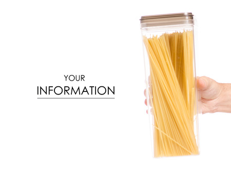 Spaghetti pasta in a jar in a hand pattern on a white background isolationの写真素材
