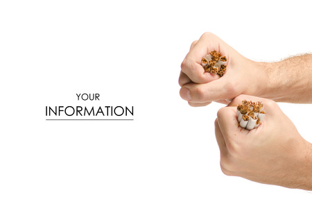 Broken cigarettes stop male hand pattern on white background isolationの写真素材