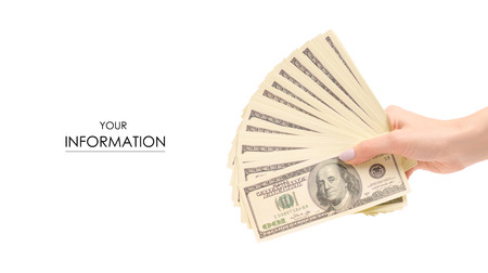 A bundle of money dollars in hands pattern on a white background isolationの写真素材